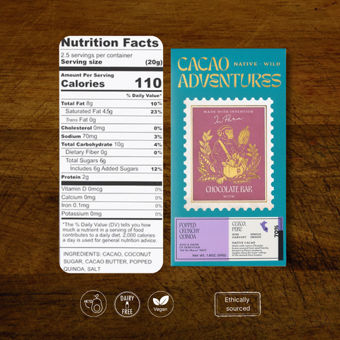 Dark Chocolate Bar 70% with Popped Quinoa & Maras Salt – Sacred Valley, 50g