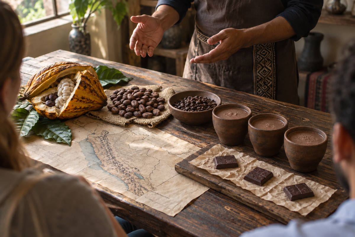 Ceremonial cacao in clay cups with dark chocolate and cacao beans on a wooden tasting table