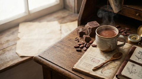 Ceremonial cacao mug on a wooden table beside an explorer’s map, evoking cacao origins and home ritual.