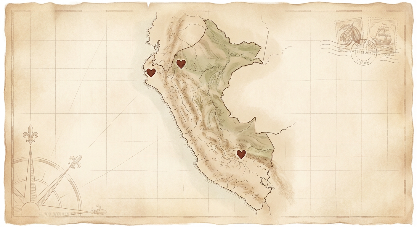 Hand-drawn map of Peru with three hearts marking cacao origins in the north and south, in a warm, parchment expedition style.